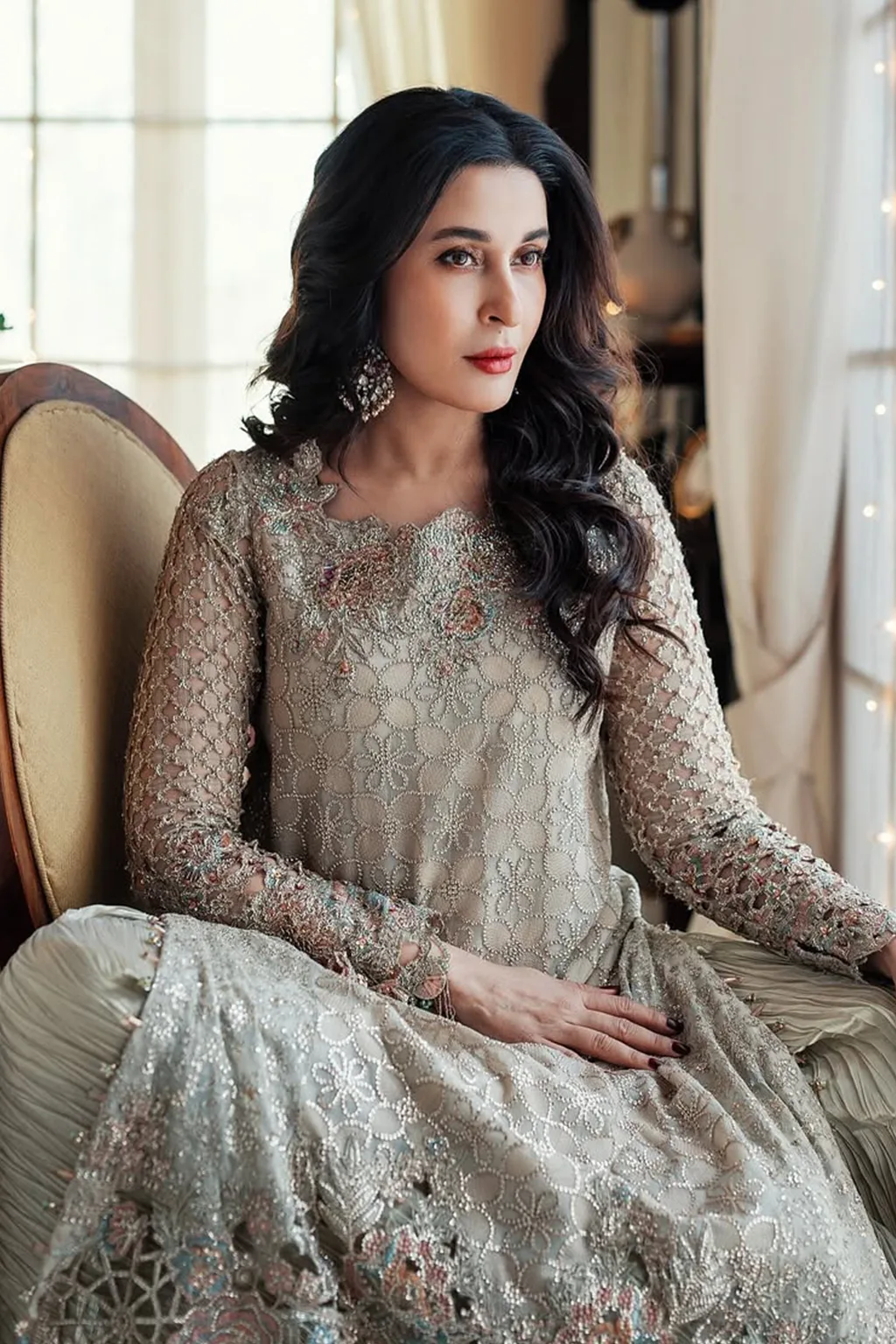 Embroidered chiffon shirt with organza dupatta and masoori trouser in a formal three‑piece suit – view 25 – Poshaq