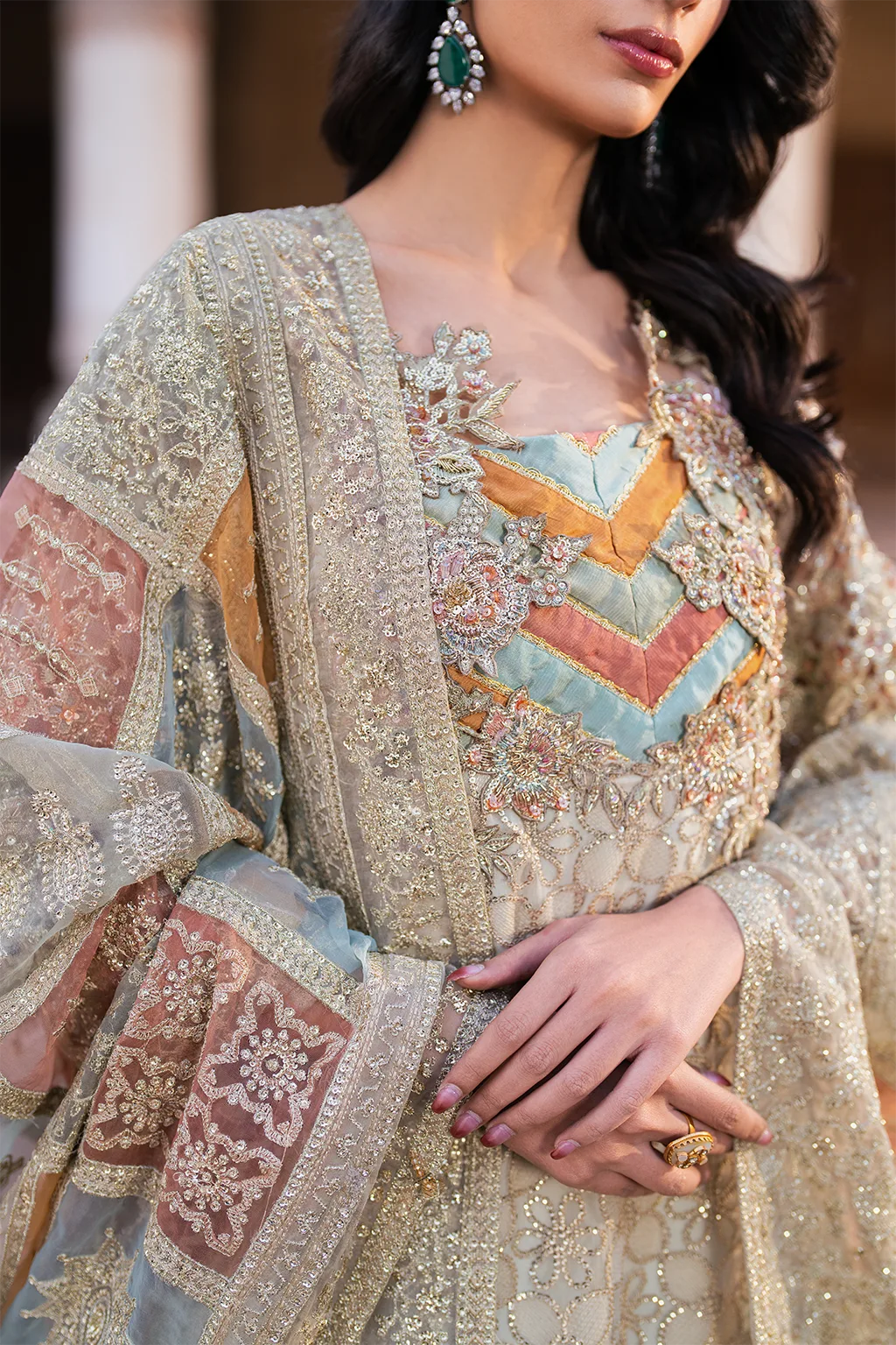 Embroidered chiffon shirt with organza dupatta and masoori trouser in a formal three‑piece suit – view 3 – Poshaq