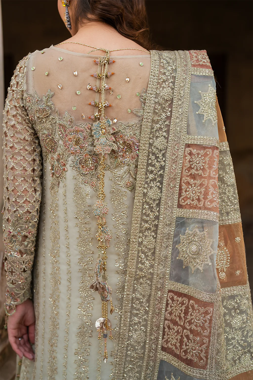 Embroidered chiffon shirt with organza dupatta and masoori trouser in a formal three‑piece suit – view 5 – Poshaq
