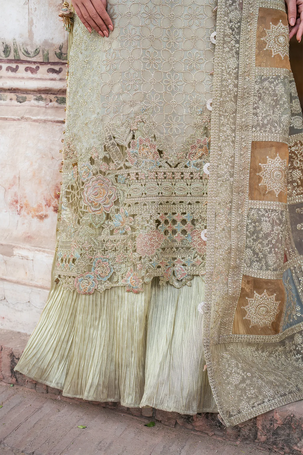 Embroidered chiffon shirt with organza dupatta and masoori trouser in a formal three‑piece suit – view 6 – Poshaq