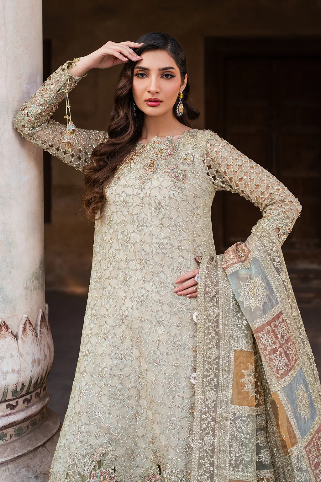 Embroidered chiffon shirt with organza dupatta and masoori trouser in a formal three‑piece suit – view 7 – Poshaq