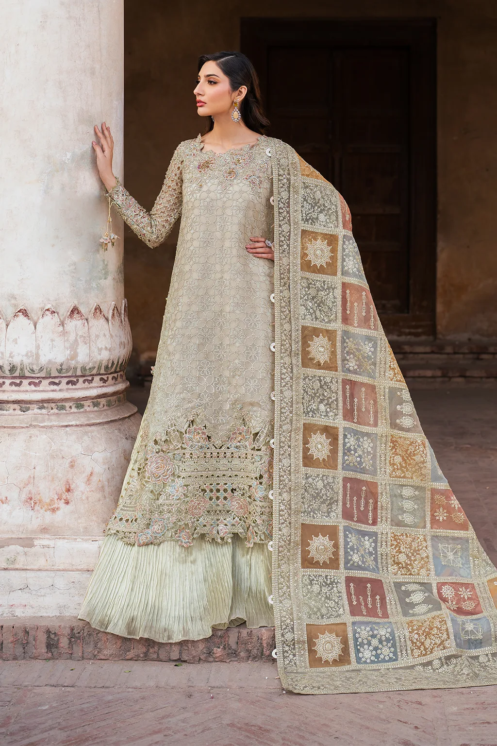 Embroidered chiffon shirt with organza dupatta and masoori trouser in a formal three‑piece suit – view 8 – Poshaq