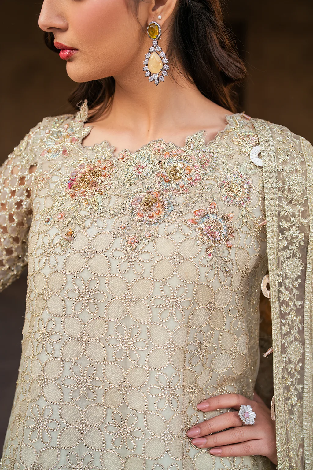 Embroidered chiffon shirt with organza dupatta and masoori trouser in a formal three‑piece suit – view 9 – Poshaq