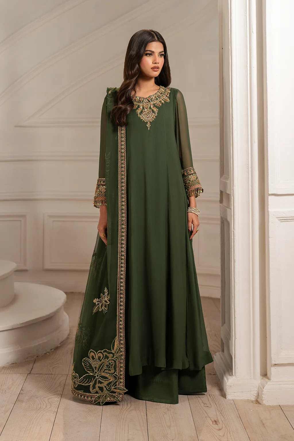 Embroidered chiffon frock with organza sleeves and raw silk trousers – view 1 – Poshaq