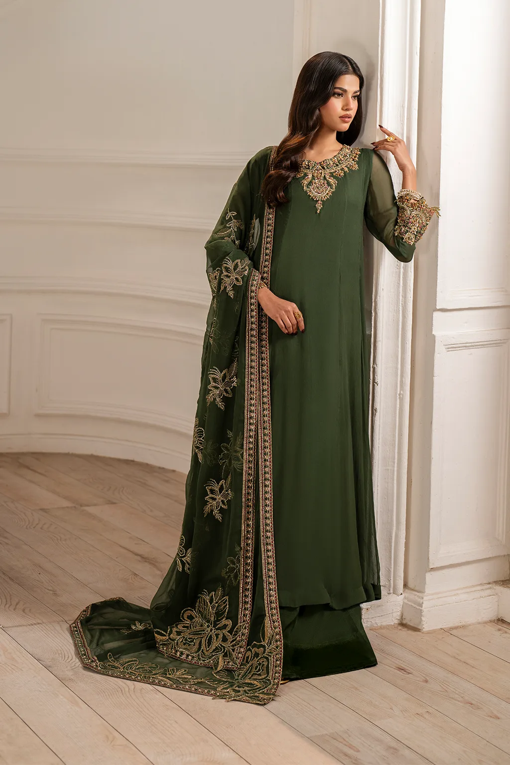 Embroidered chiffon frock with organza sleeves and raw silk trousers – view 3 – Poshaq
