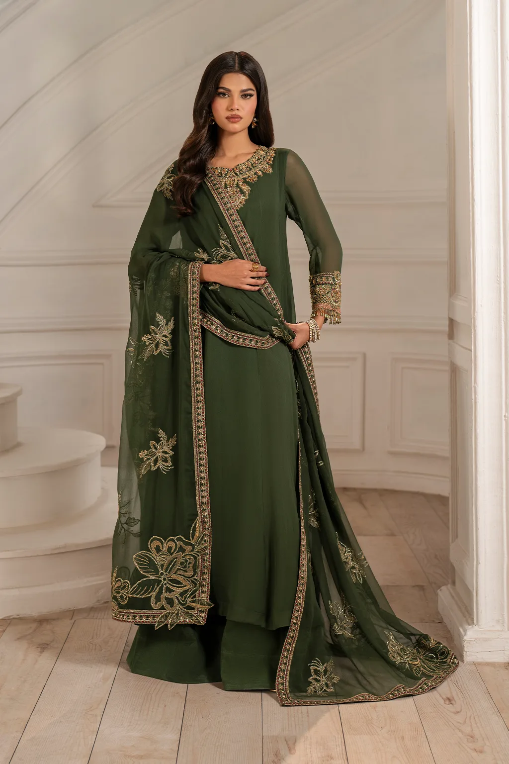 Embroidered chiffon frock with organza sleeves and raw silk trousers – view 5 – Poshaq