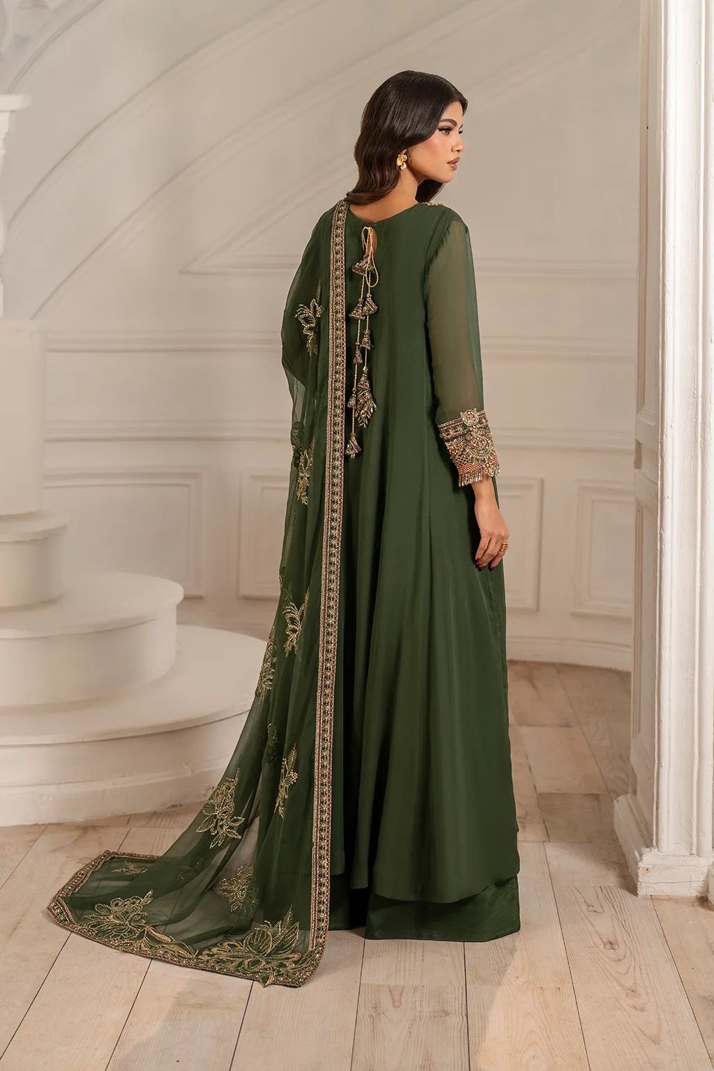 Embroidered chiffon frock with organza sleeves and raw silk trousers – view 8 – Poshaq