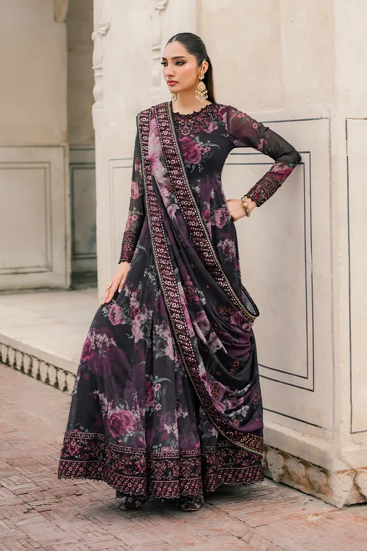 Printed chiffon frock with organza trim and full sleeves – view 1 – Poshaq