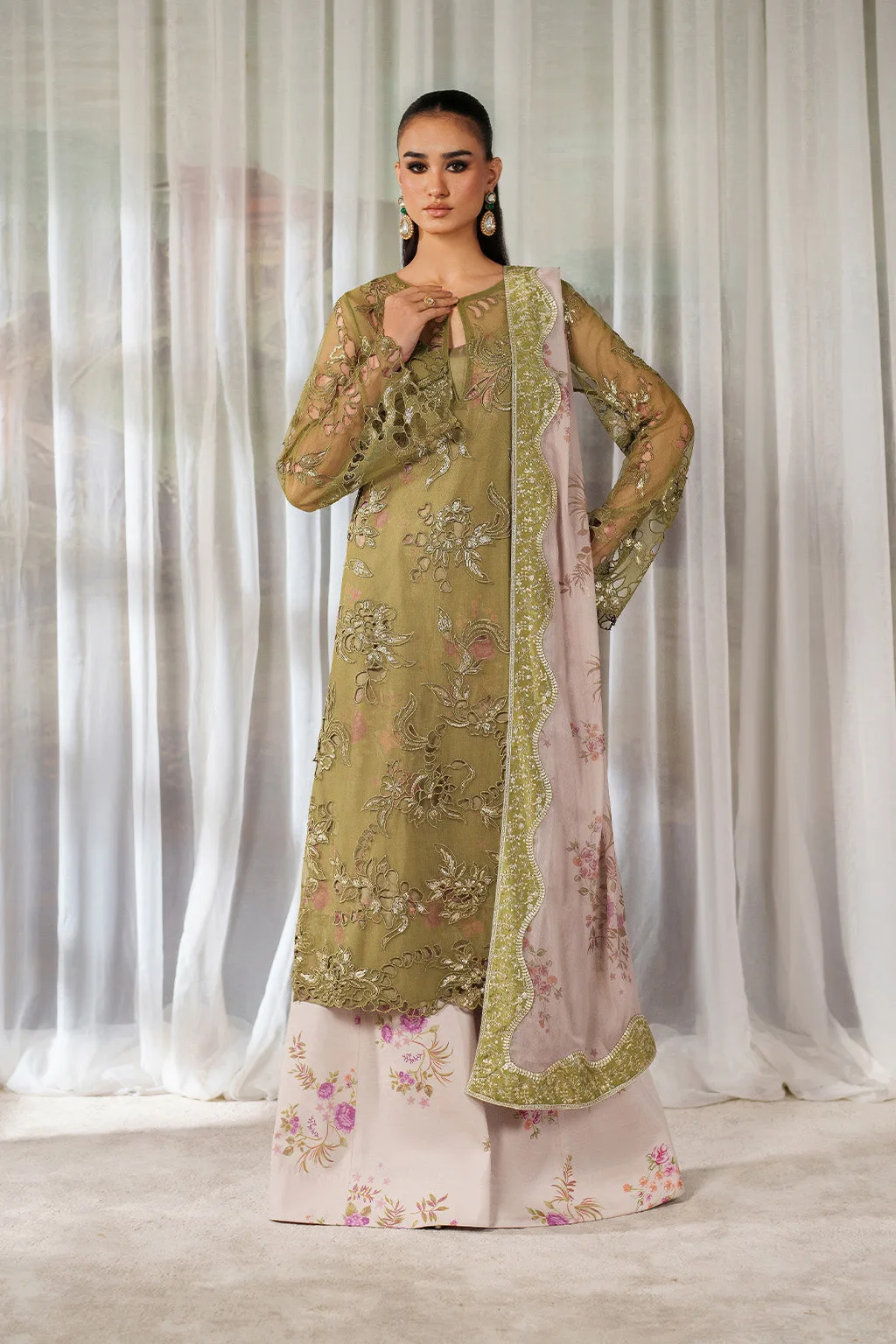 Green printed formal set with raw silk shirt and chiffon dupatta – view 1 – Poshaq