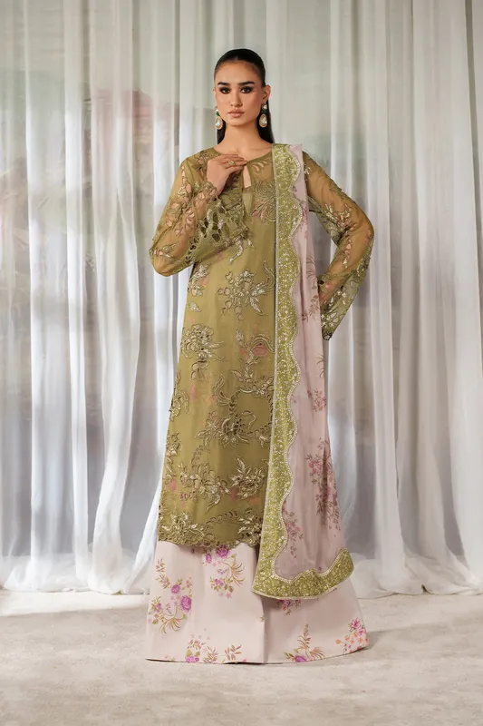 Green printed formal set with raw silk shirt and chiffon dupatta – view 1 – Poshaq
