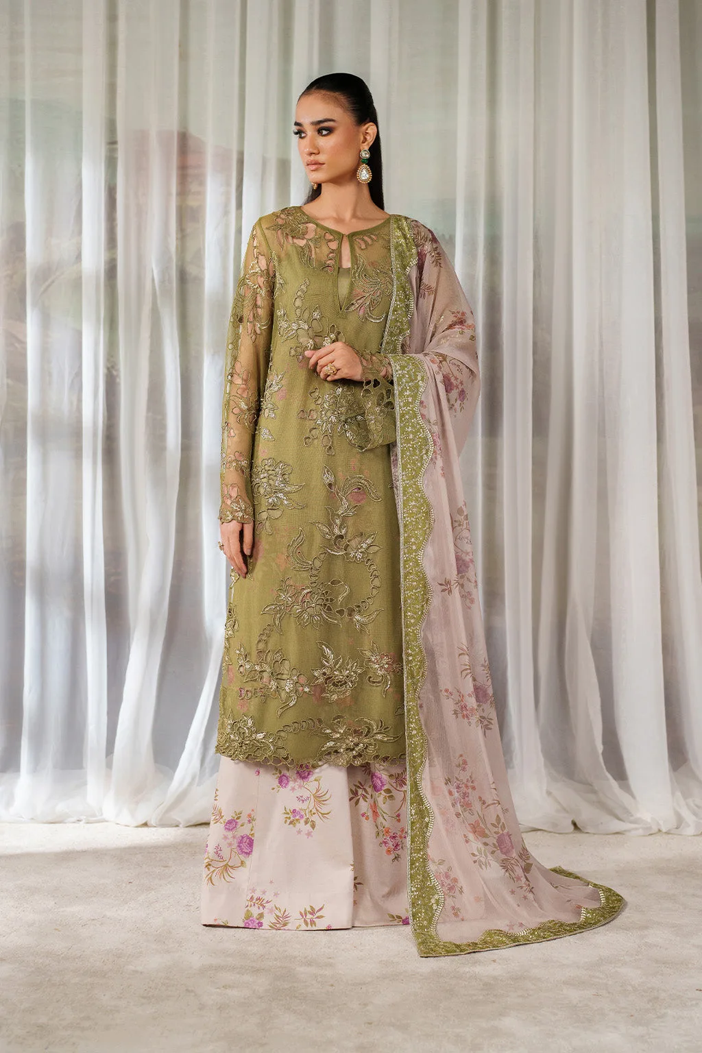 Green printed formal set with raw silk shirt and chiffon dupatta – view 3 – Poshaq