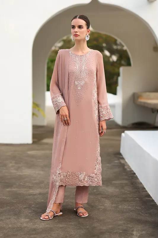 Embroidered chiffon suit with organza lace and matching raw silk trouser – view 1 – Poshaq