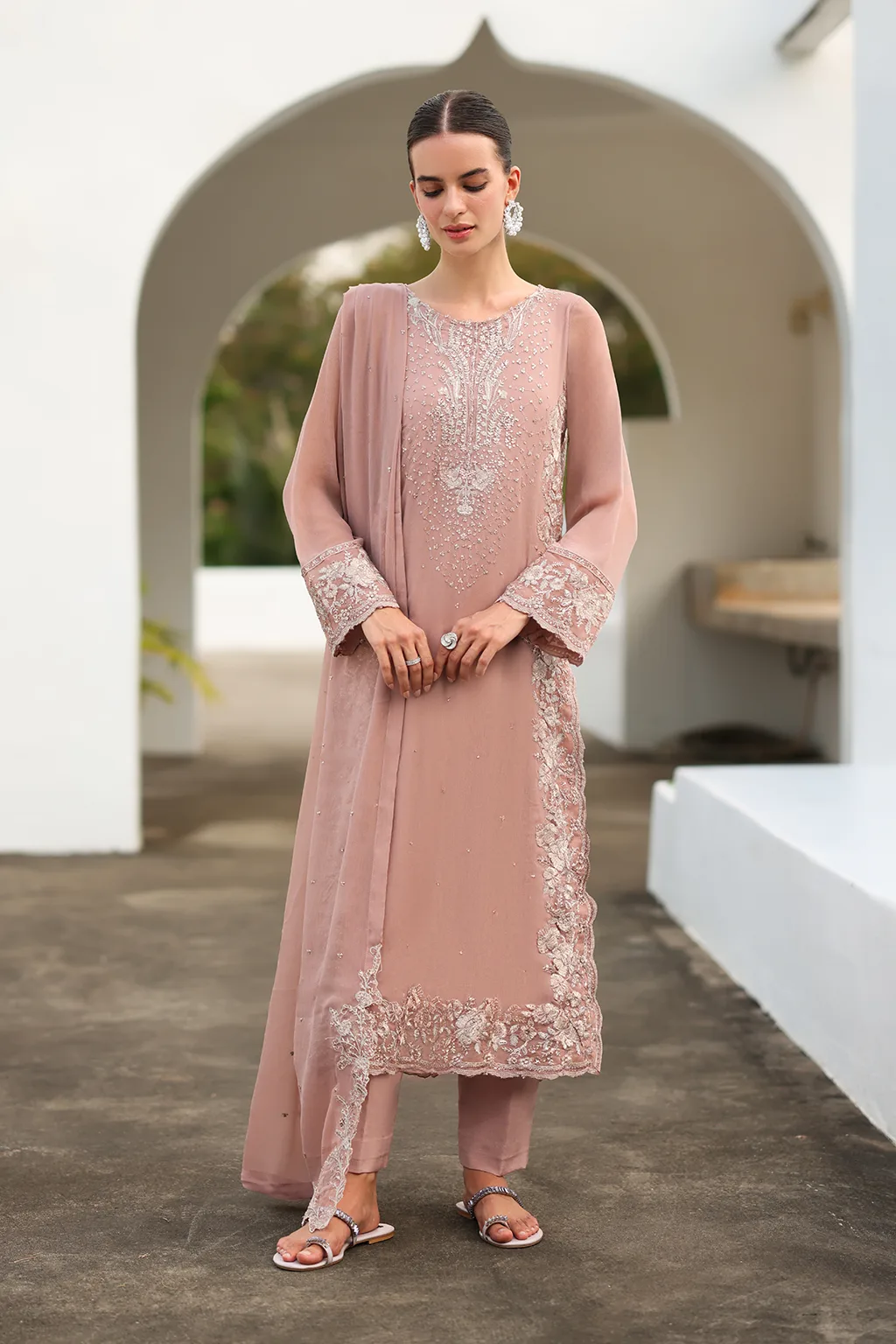 Embroidered chiffon suit with organza lace and matching raw silk trouser – view 10 – Poshaq