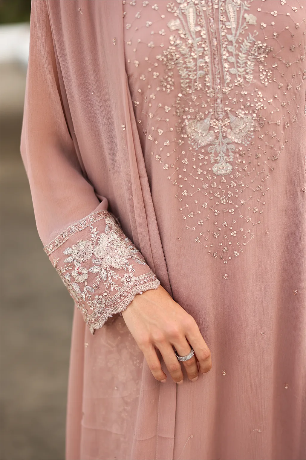 Embroidered chiffon suit with organza lace and matching raw silk trouser – view 2 – Poshaq
