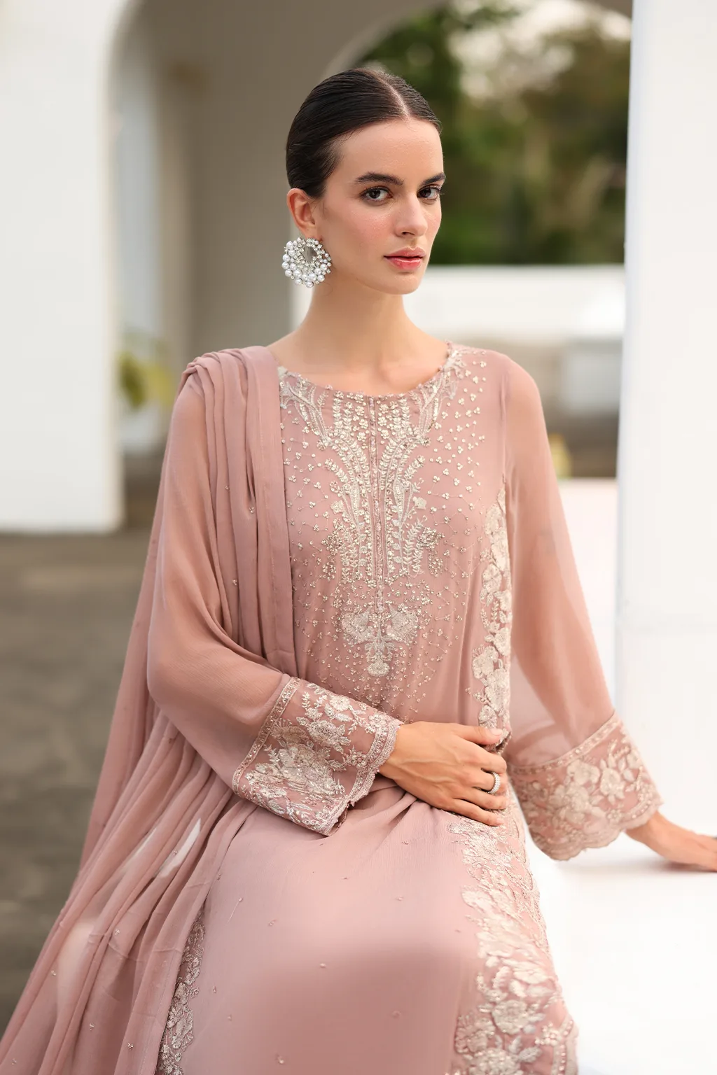 Embroidered chiffon suit with organza lace and matching raw silk trouser – view 4 – Poshaq