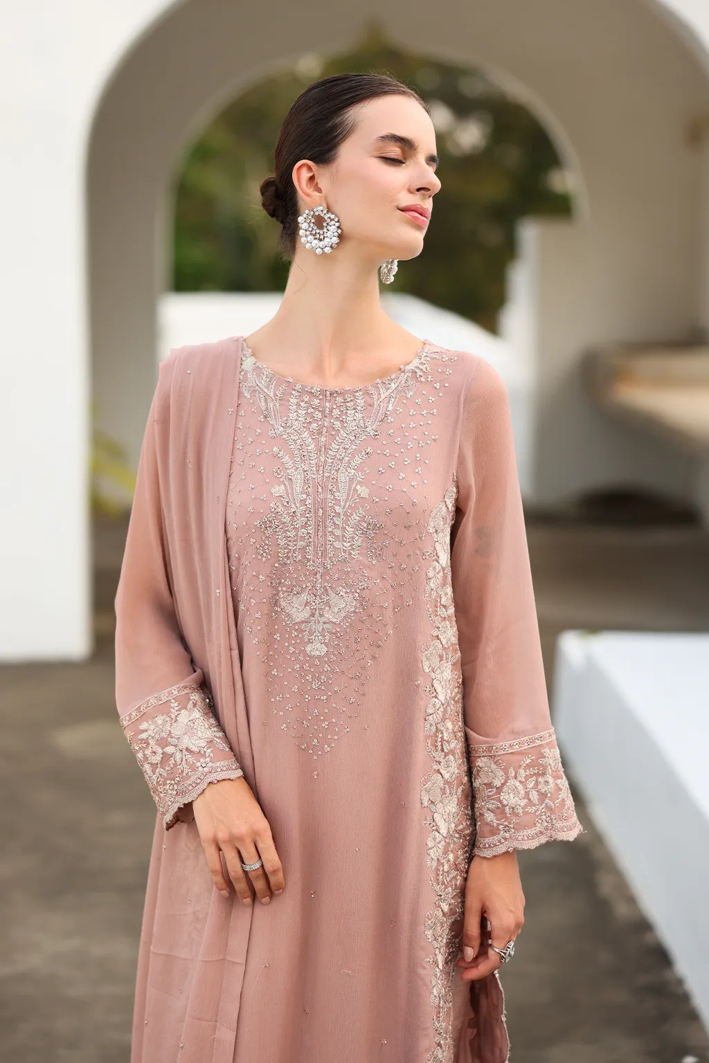 Embroidered chiffon suit with organza lace and matching raw silk trouser – view 6 – Poshaq