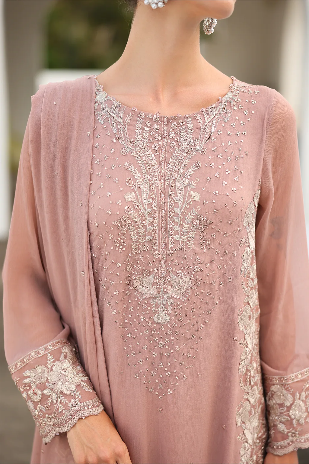 Embroidered chiffon suit with organza lace and matching raw silk trouser – view 7 – Poshaq