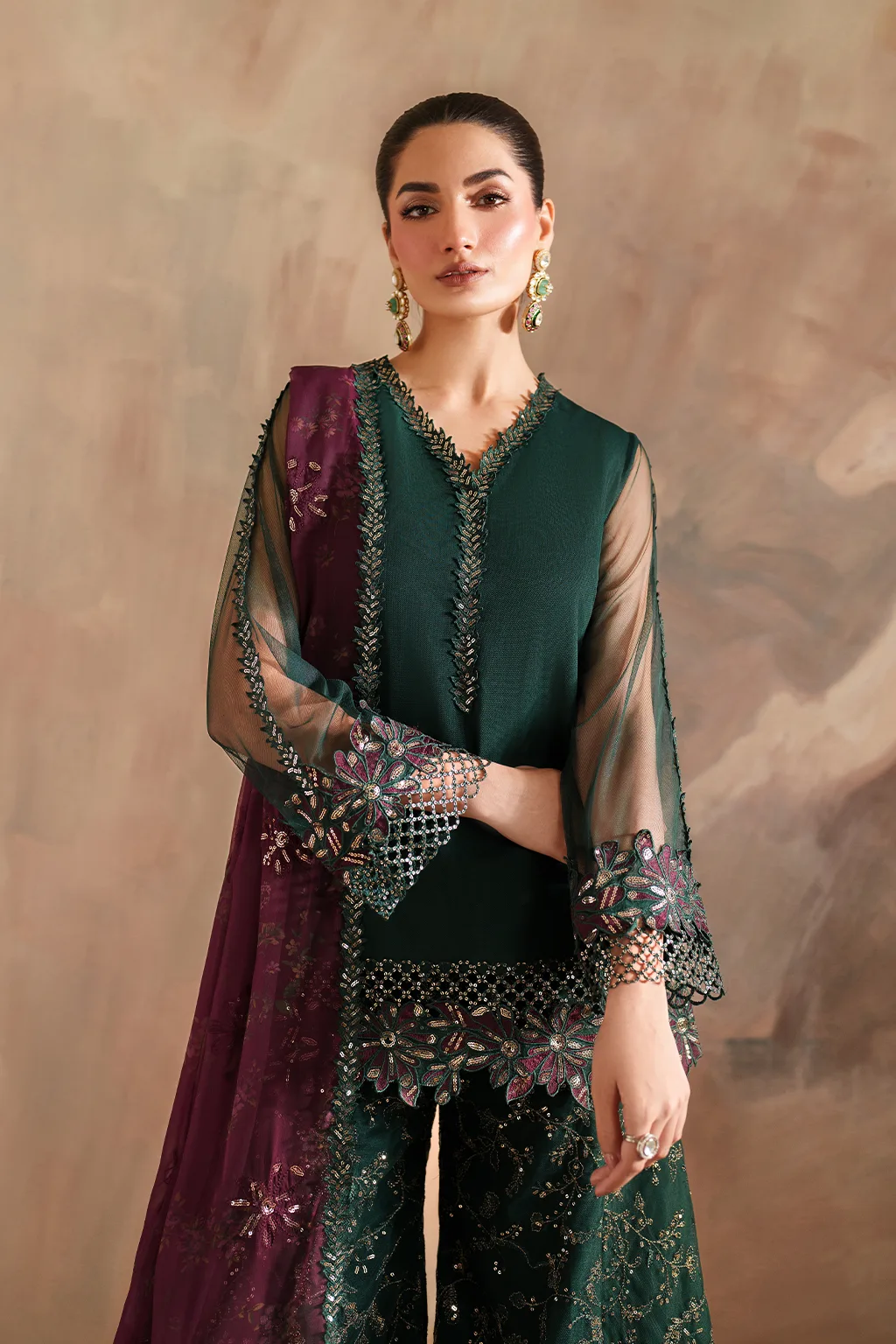 Green embroidered net ensemble with organza and chiffon details – view 1 – Poshaq