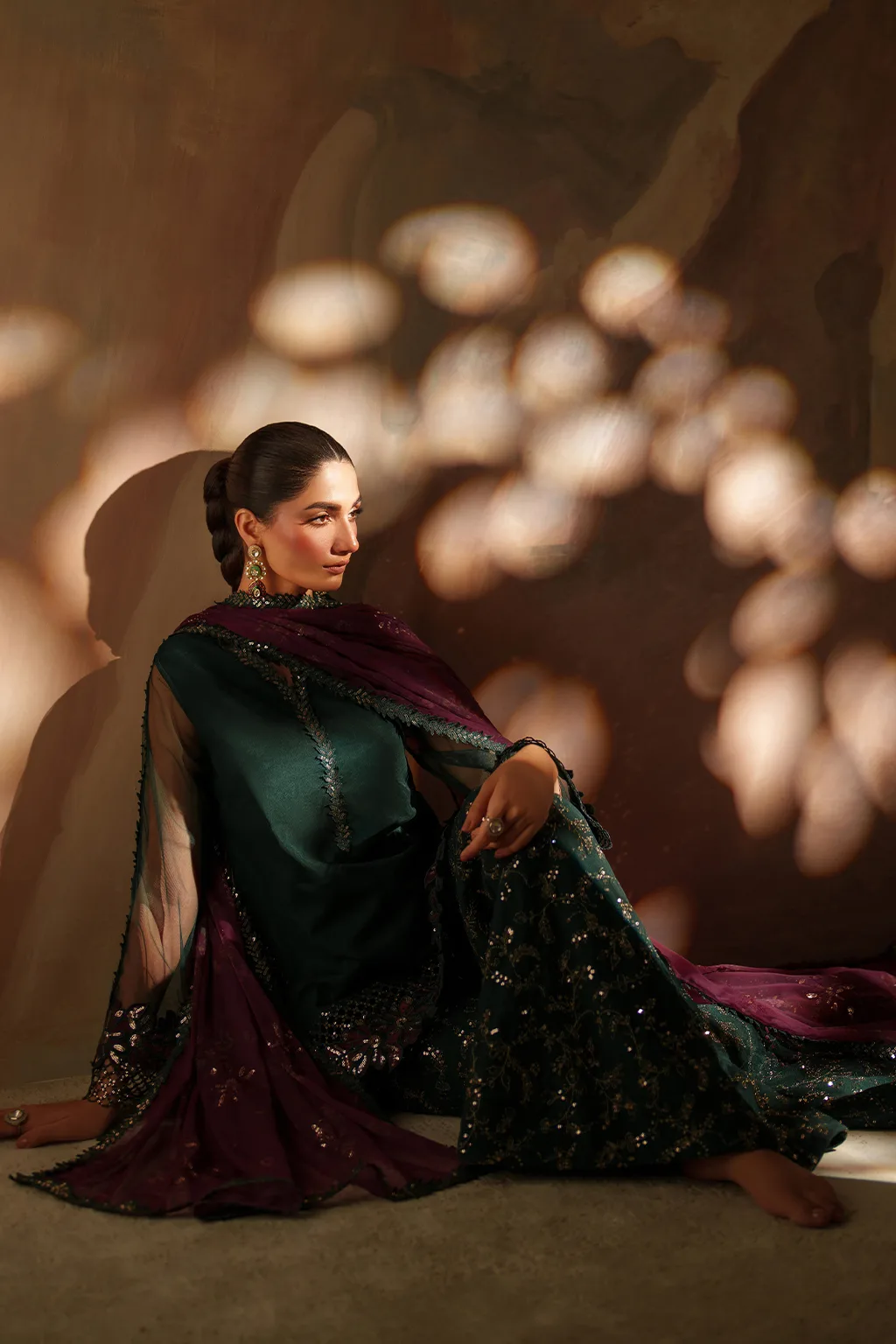 Green embroidered net ensemble with organza and chiffon details – view 10 – Poshaq