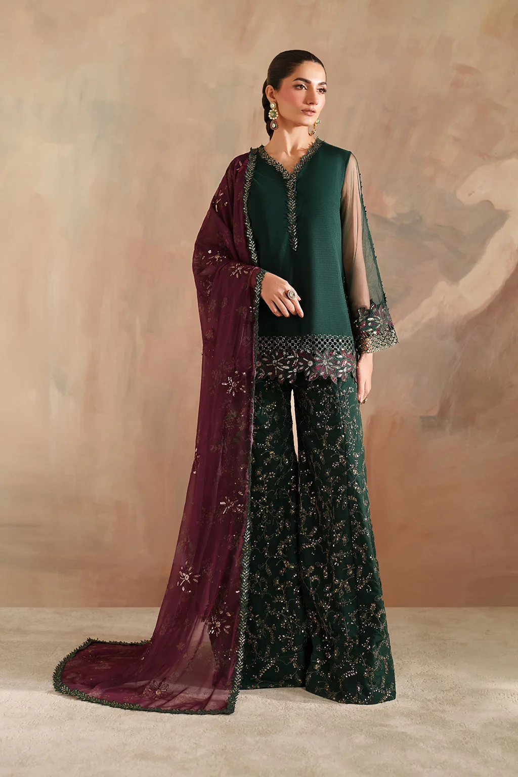 Green embroidered net ensemble with organza and chiffon details – view 2 – Poshaq