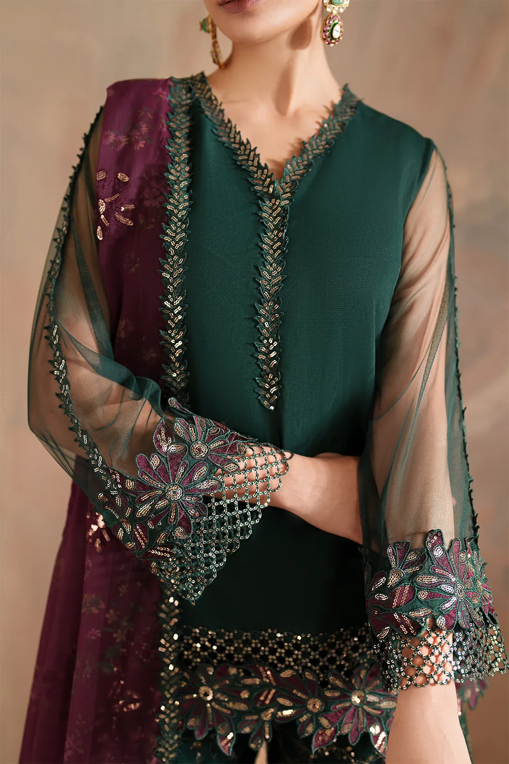 Green embroidered net ensemble with organza and chiffon details – view 3 – Poshaq