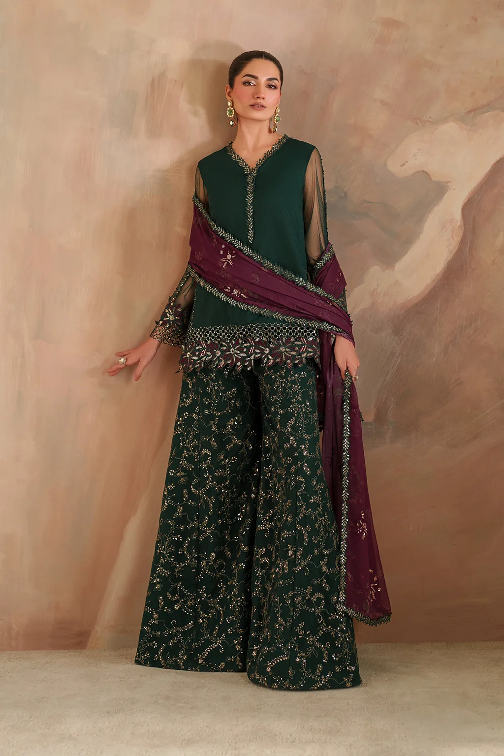 Green embroidered net ensemble with organza and chiffon details – view 6 – Poshaq