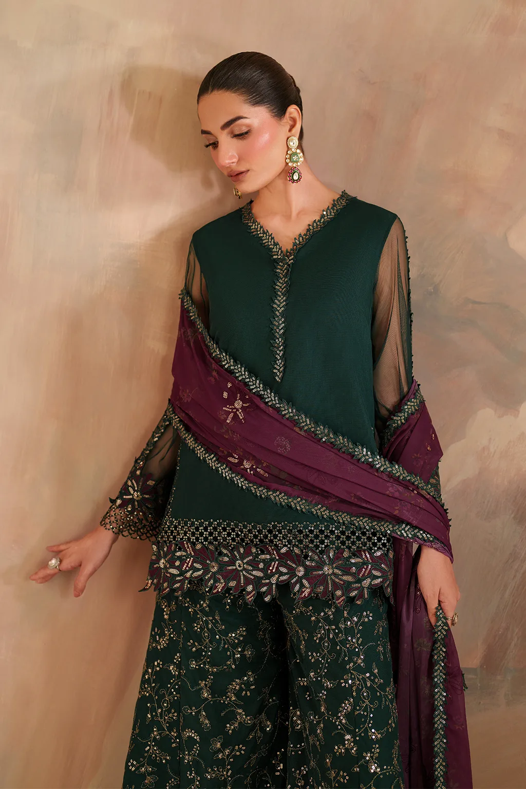 Green embroidered net ensemble with organza and chiffon details – view 7 – Poshaq