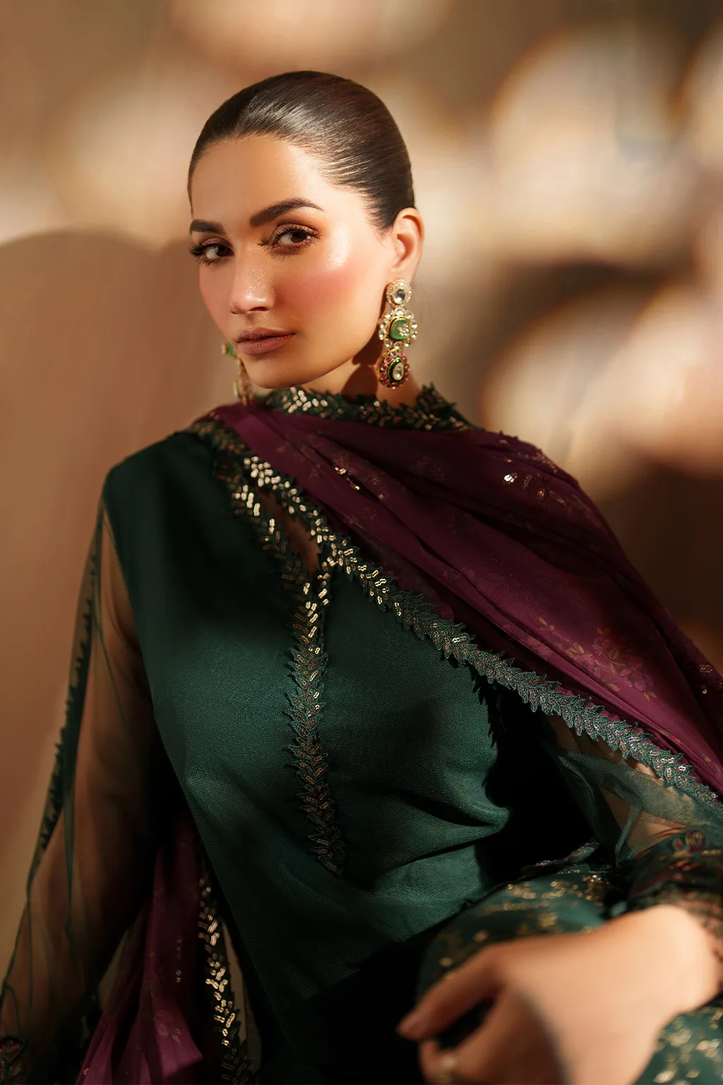 Green embroidered net ensemble with organza and chiffon details – view 9 – Poshaq
