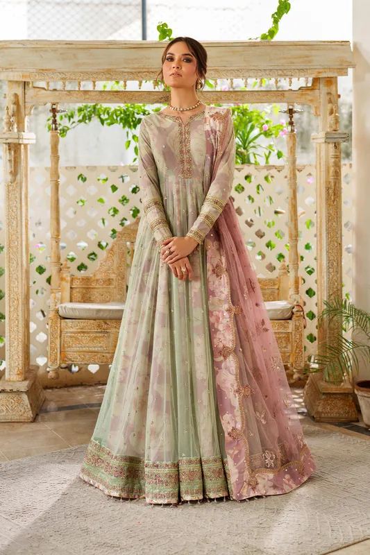 Green formal set with printed raw silk shirt and organza layers – view 1 – Poshaq