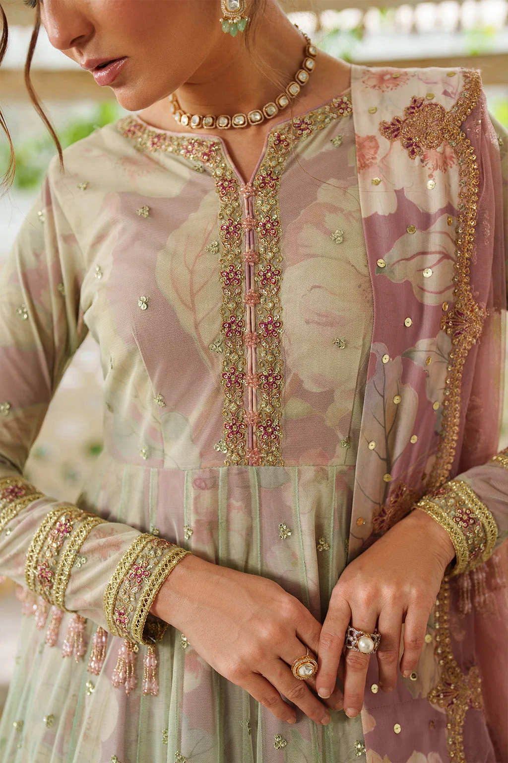 Green formal set with printed raw silk shirt and organza layers – view 2 – Poshaq