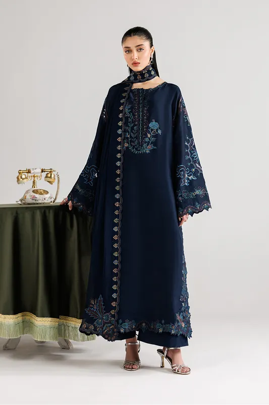 Blue three‑piece formal suit with silk shirt, chiffon dupatta and organza details – view 1 – Poshaq