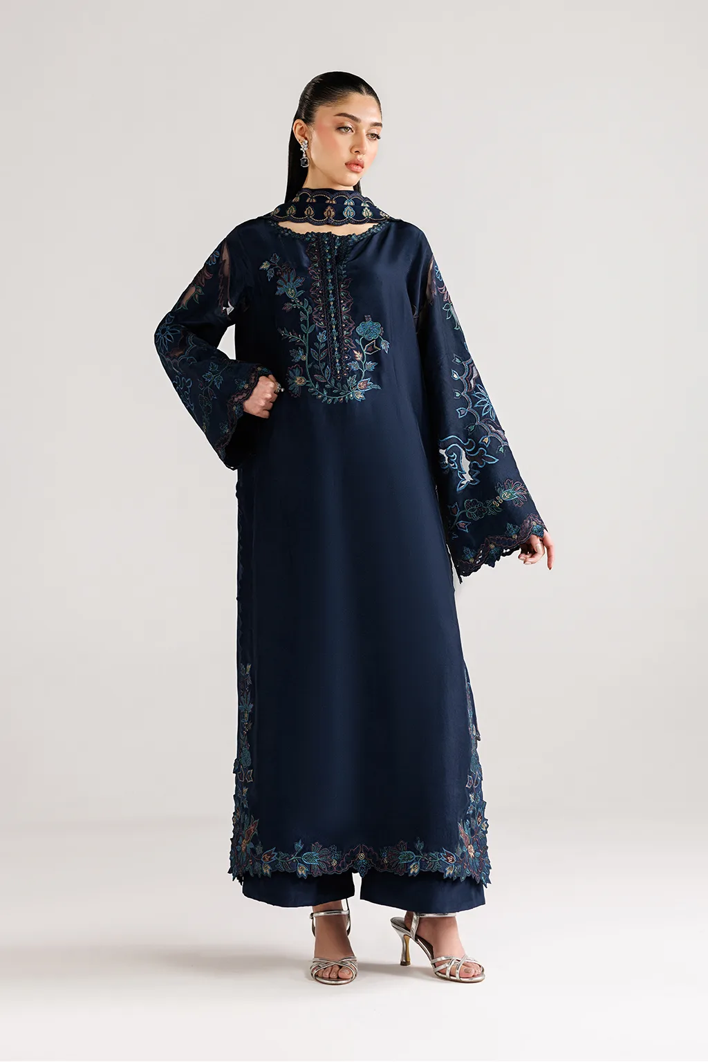 Blue three‑piece formal suit with silk shirt, chiffon dupatta and organza details – view 2 – Poshaq