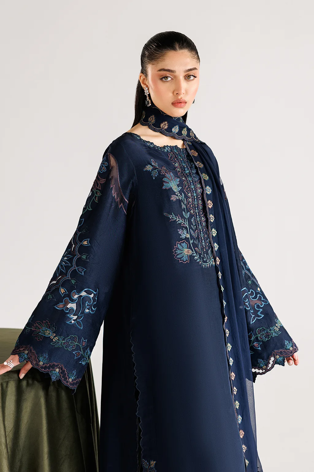 Blue three‑piece formal suit with silk shirt, chiffon dupatta and organza details – view 7 – Poshaq