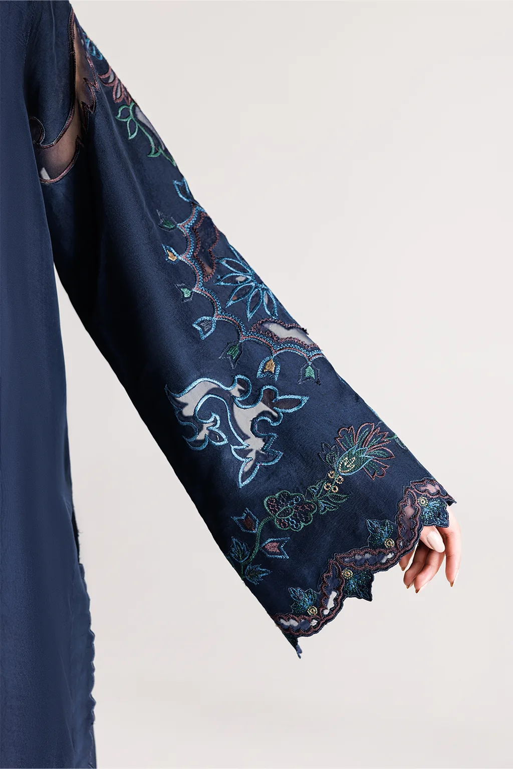 Blue three‑piece formal suit with silk shirt, chiffon dupatta and organza details – view 8 – Poshaq