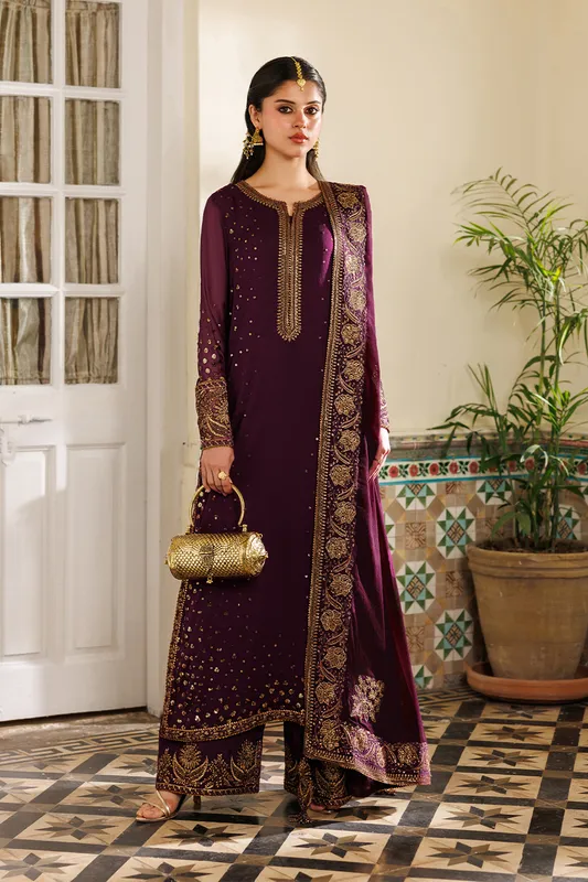 Embroidered chiffon formal set with raw silk trouser and organza detailing – view 1 – Poshaq