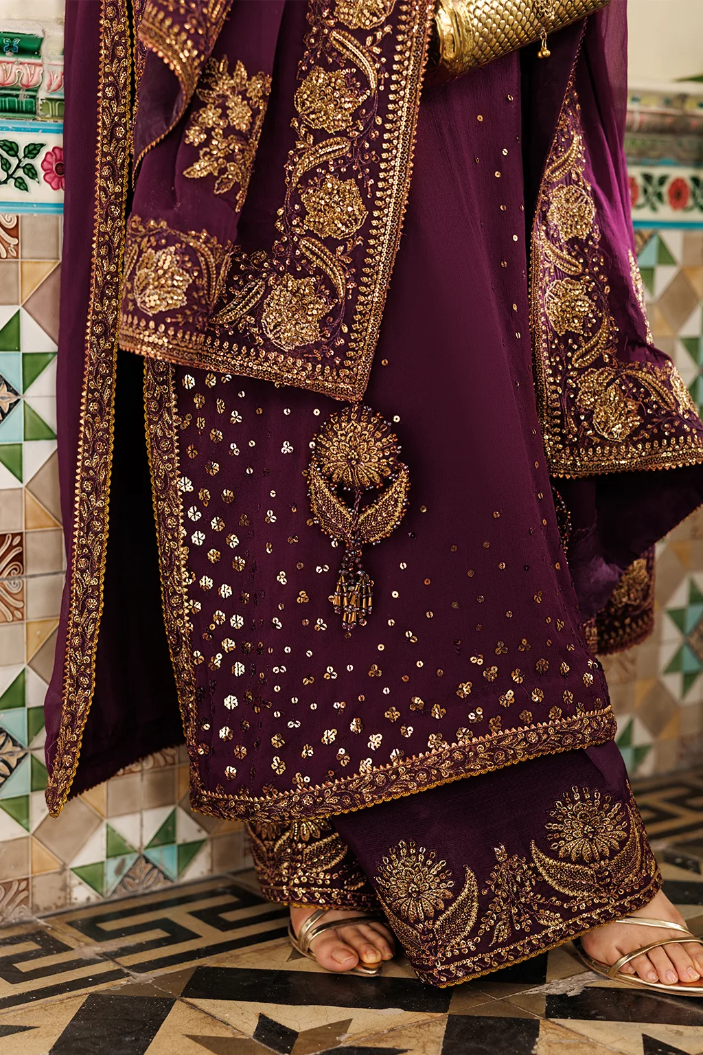Embroidered chiffon formal set with raw silk trouser and organza detailing – view 6 – Poshaq