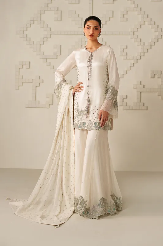 Ivory formal set with embroidered organza neckline and chiffon dupatta – view 1 – Poshaq