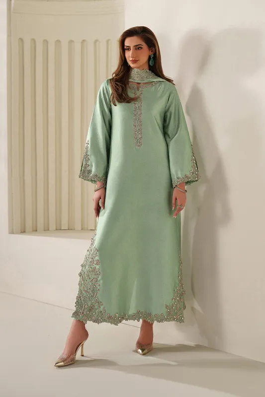 Green textured silk suit with organza embroidery and raw silk trousers – view 1 – Poshaq