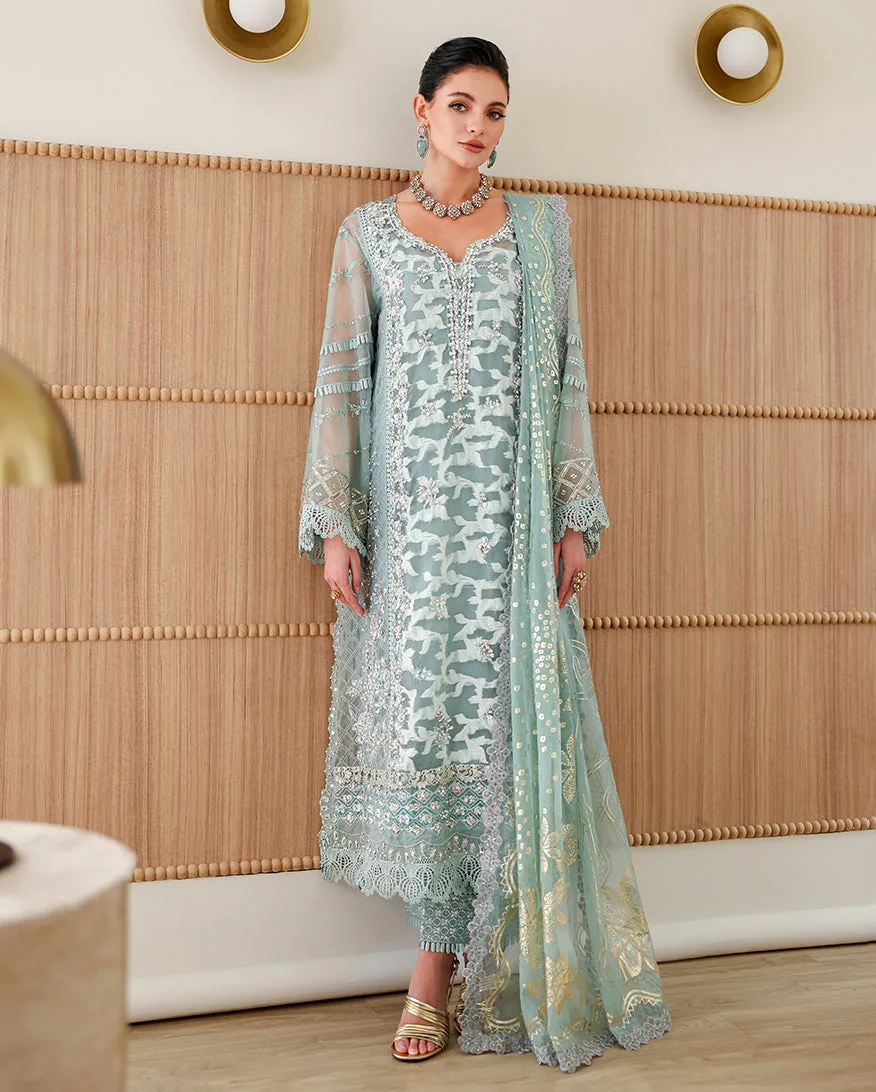 Aube raw silk three-piece ensemble with printed organza dupatta – view 1 – Poshaq