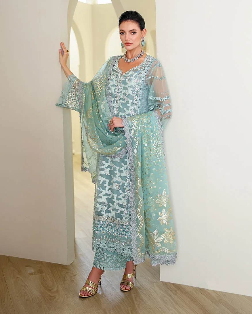 Aube raw silk three-piece ensemble with printed organza dupatta – view 2 – Poshaq