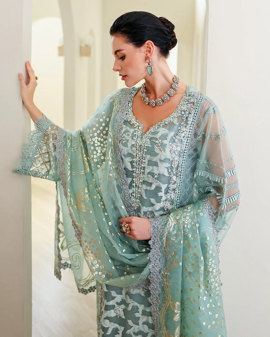 Aube raw silk three-piece ensemble with printed organza dupatta – view 4 – Poshaq