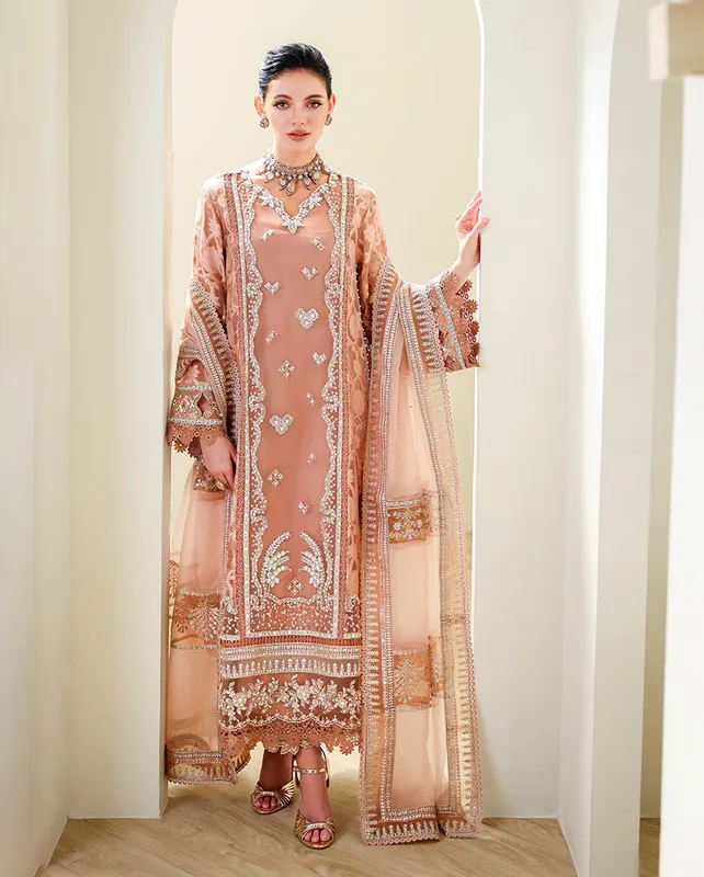 Pink silk dress with raw silk trousers and organza dupatta – view 1 – Poshaq
