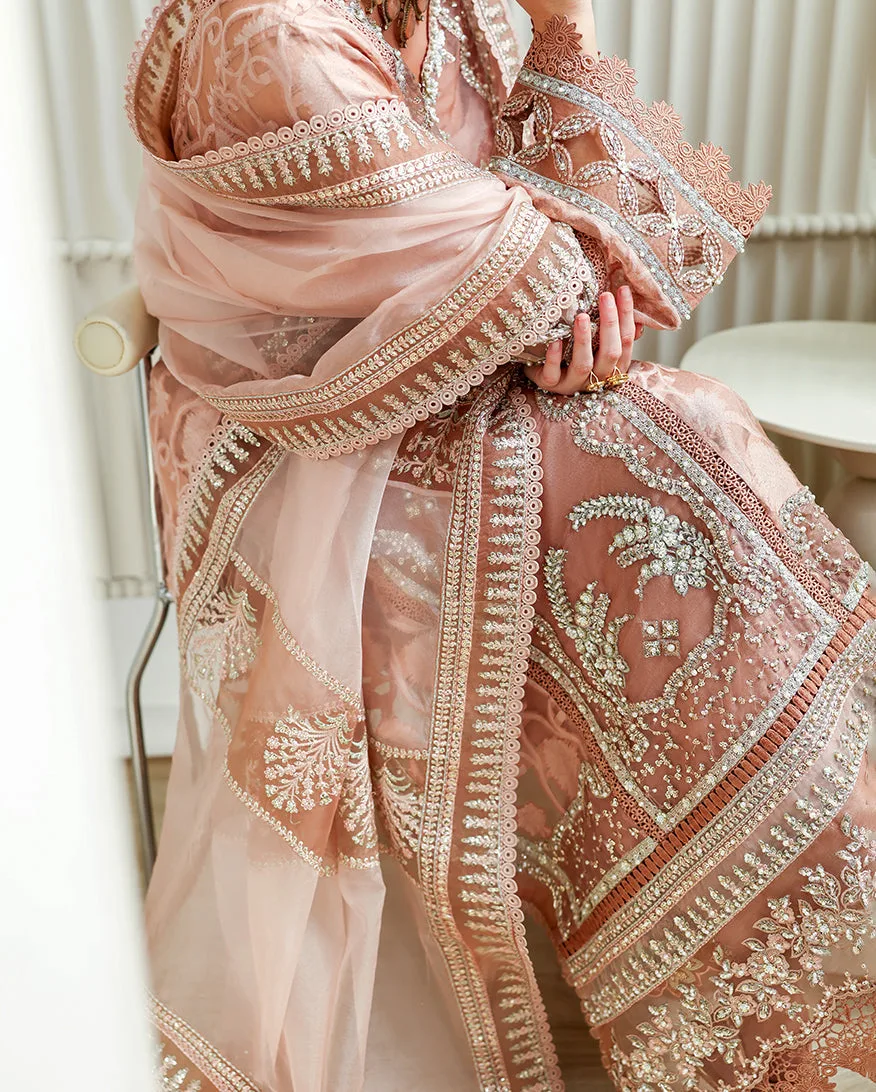 Pink silk dress with raw silk trousers and organza dupatta – view 2 – Poshaq