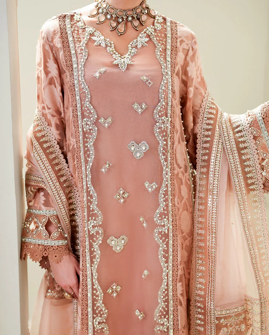 Pink silk dress with raw silk trousers and organza dupatta – view 4 – Poshaq