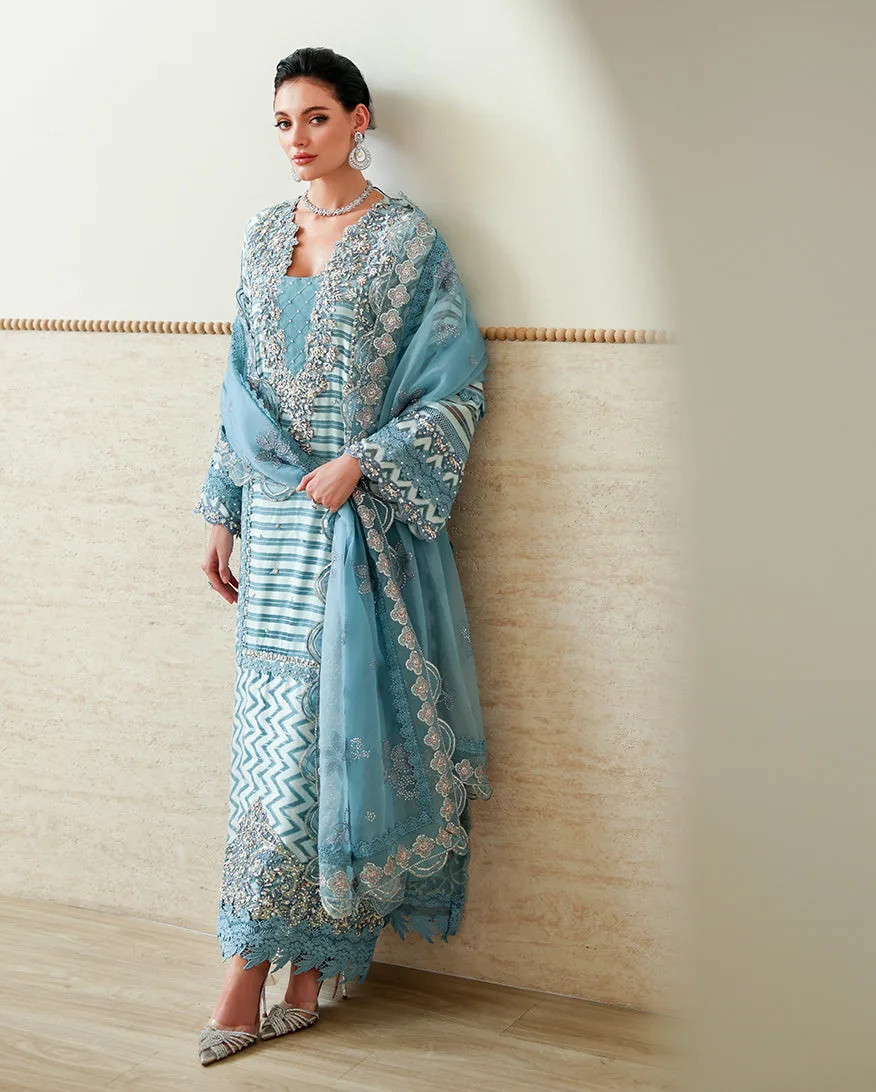Silver three‑piece festive set with silk shirt, raw silk trousers and organza dupatta – view 1 – Poshaq