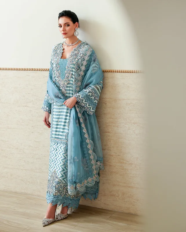 Silver three‑piece festive set with silk shirt, raw silk trousers and organza dupatta – view 1 – Poshaq