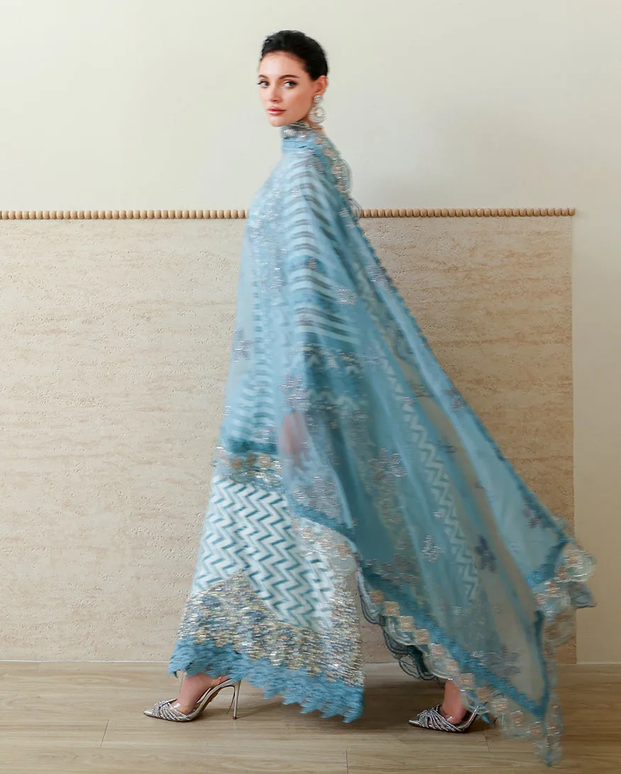 Silver three‑piece festive set with silk shirt, raw silk trousers and organza dupatta – view 2 – Poshaq