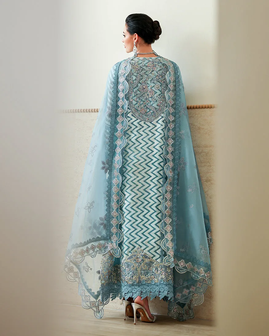 Silver three‑piece festive set with silk shirt, raw silk trousers and organza dupatta – view 3 – Poshaq