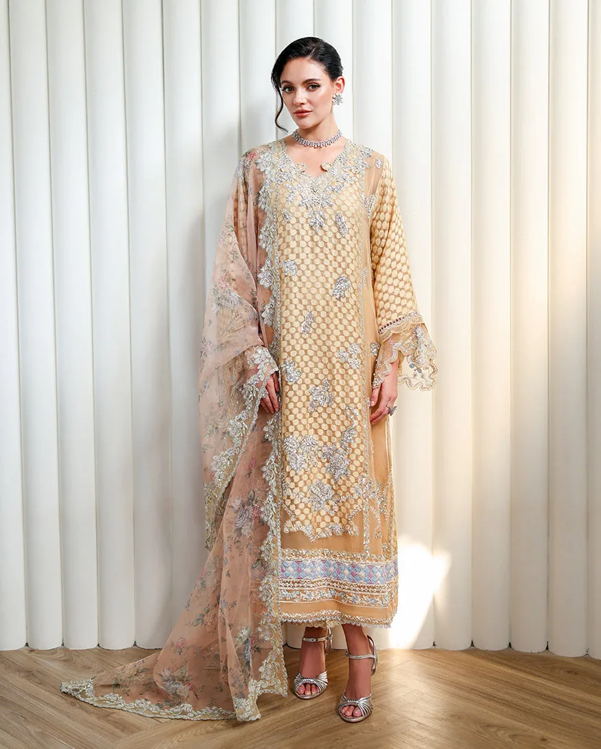 Rose Halo raw silk shirt with organza dupatta and silk trouser – view 1 – Poshaq