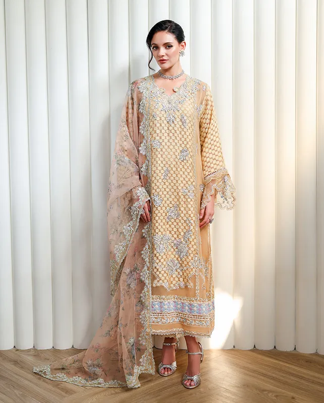 Rose Halo raw silk shirt with organza dupatta and silk trouser – view 1 – Poshaq